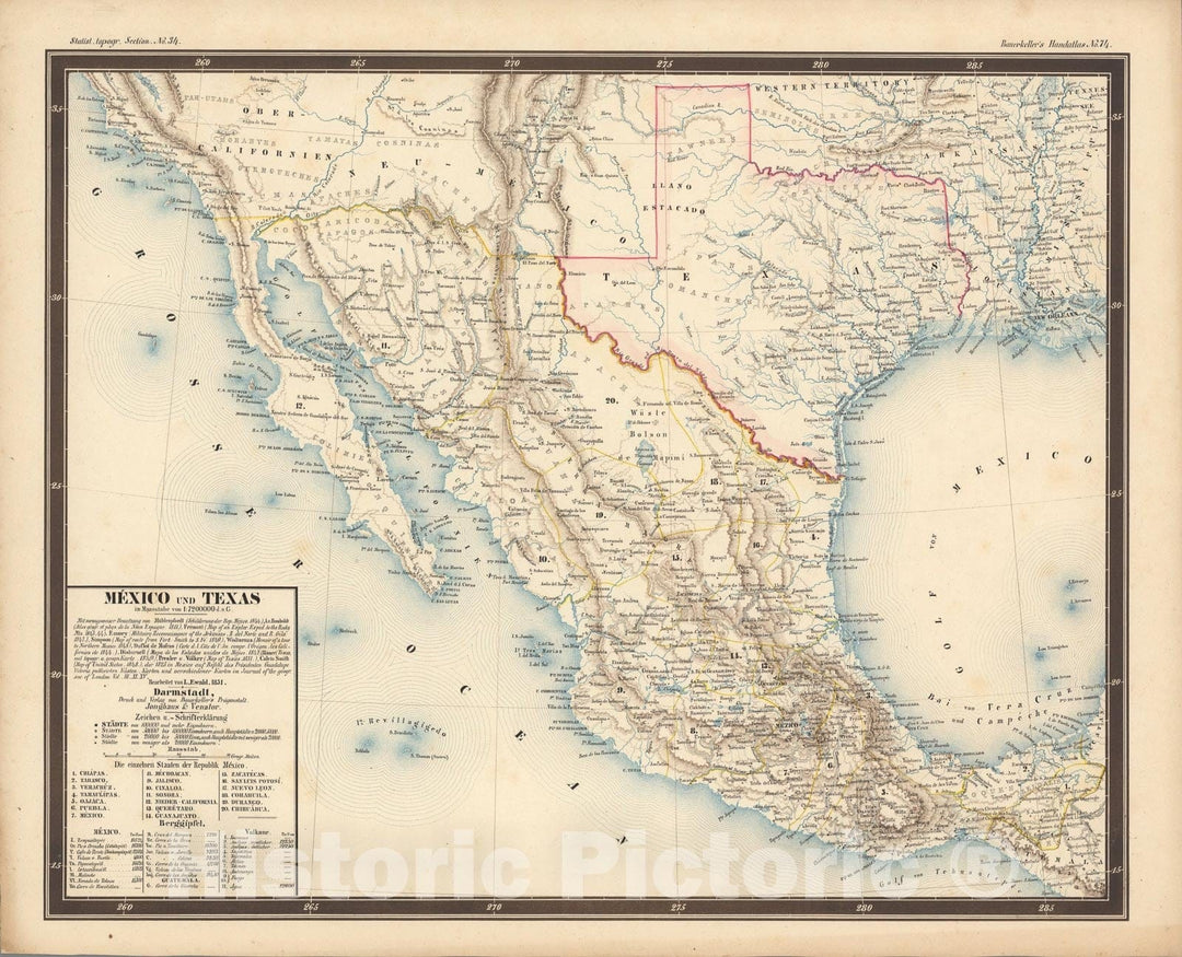 Historic Map : No. 74. Mexico und Texas., 1851, Vintage Wall Art