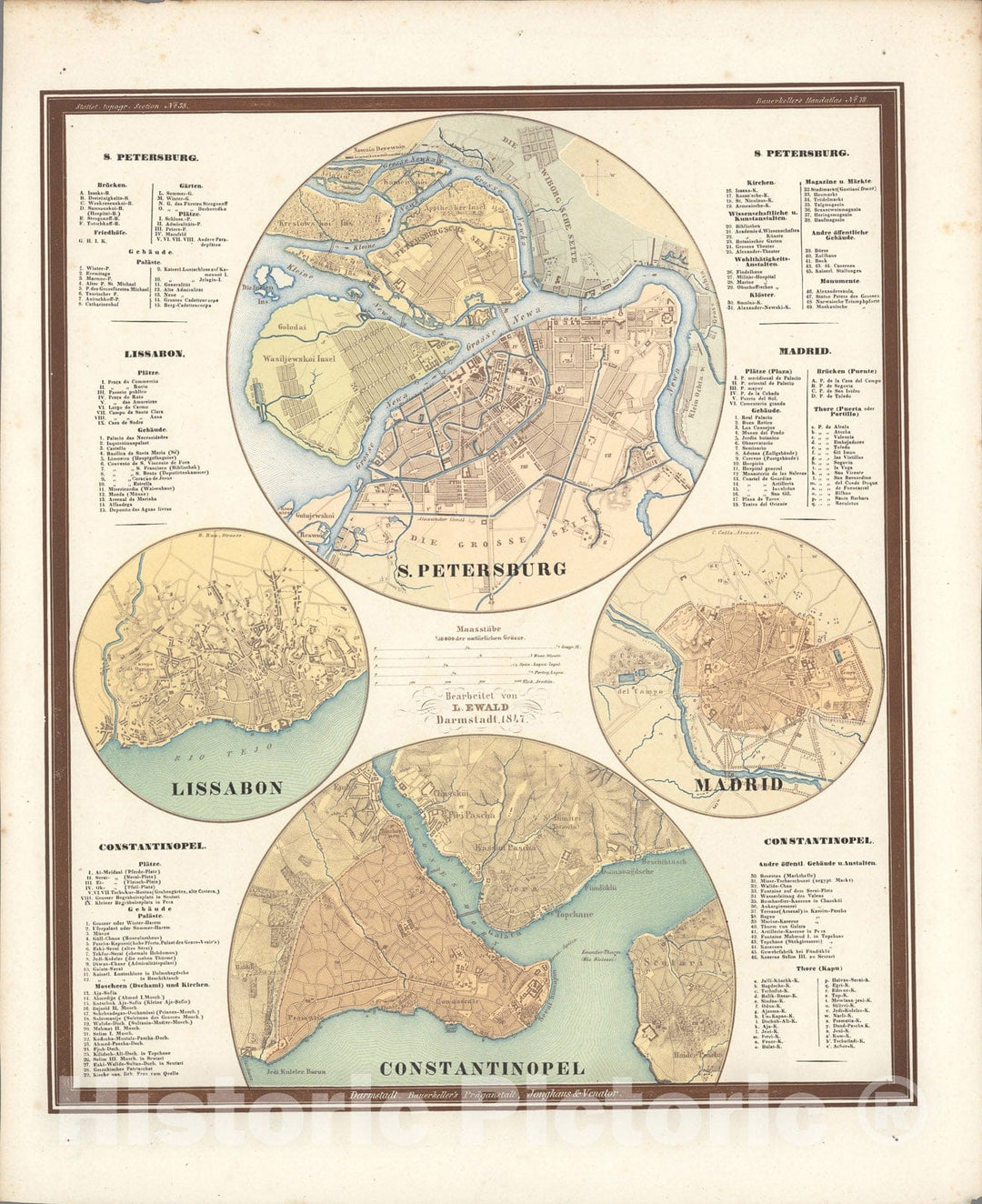 Historic Map : No. 78. St. Petersburg, Lissabon, Madrid, Constantinopel., 1847, Vintage Wall Art