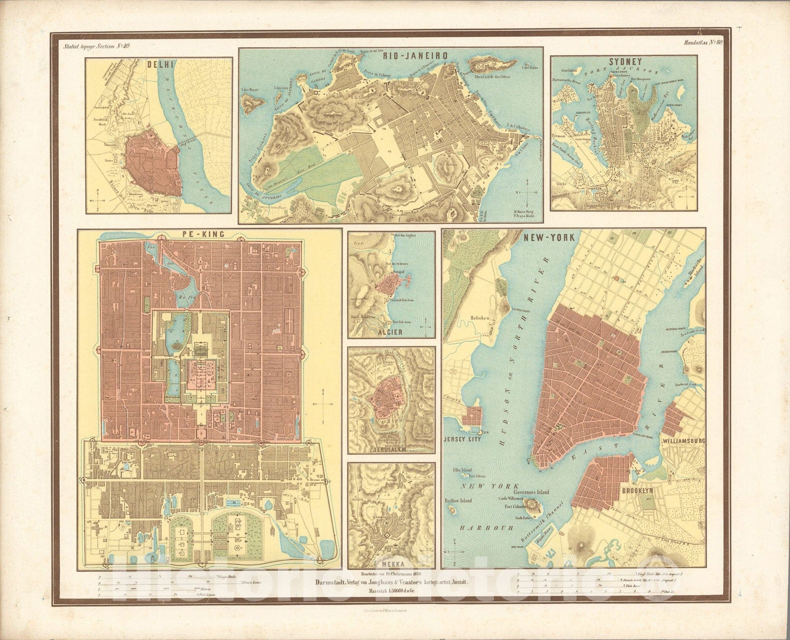 Historic Map : No. 80. Delhi. Rio-Janeiro. Sydney. Pe-King. New-York. Algier. Jerusalem. Mekka., 1858, Vintage Wall Art