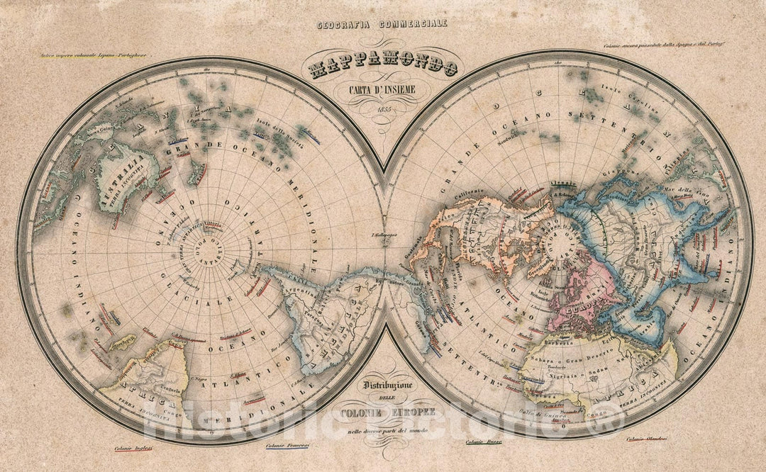 Historic Map : 2. Mappamondo Carte dInsieme. 1855. Distribuzione delle Colonie Europee., 1855, Vintage Wall Art