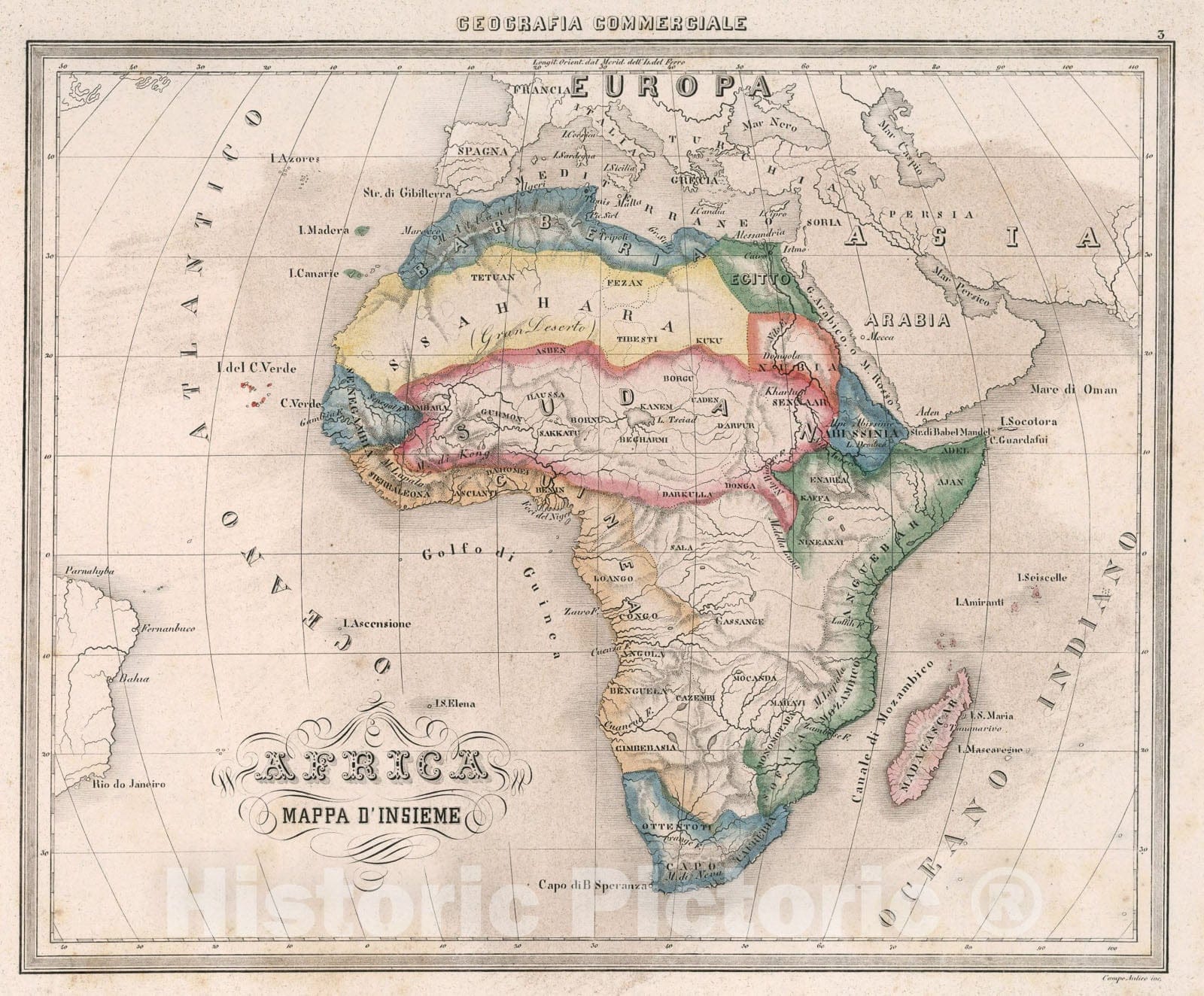 Historic Map : 3. Africa, Mappa dInsieme., 1858, Vintage Wall Art