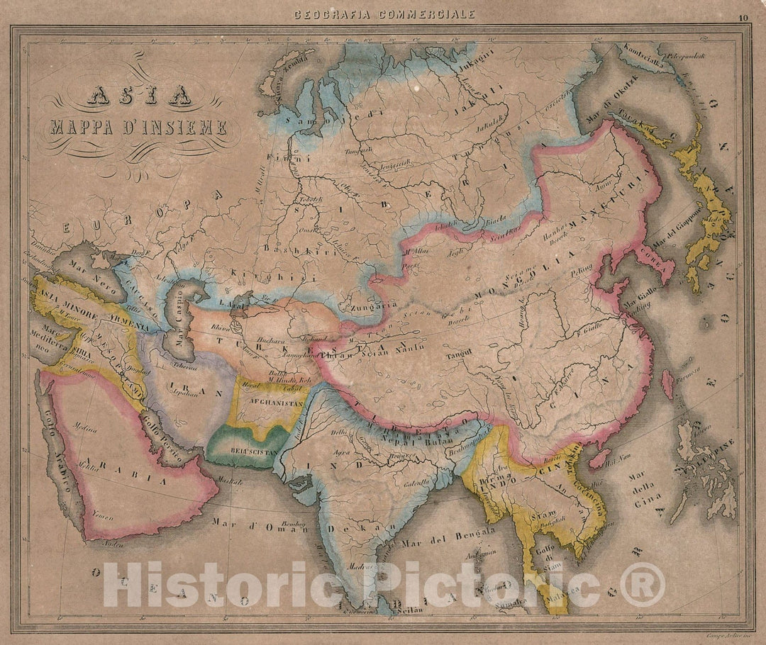 Historic Map : 10. Asia, Mappa dInsieme., 1858, Vintage Wall Art