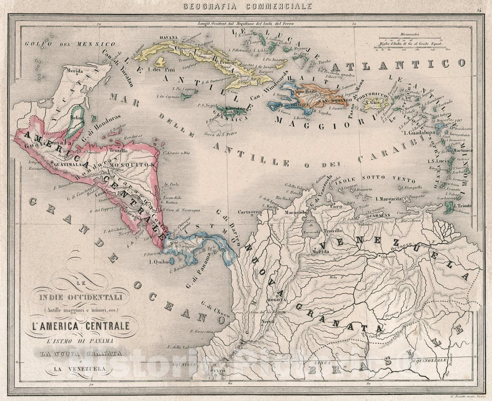 Historic Map : 24. Le Indie Occidentali (Antille maggiori e minori, ece.) LAmerica Centrale. LIstmo di Panama. Le Nuova Granata. La Venezuela., 1858, Vintage Wall Art