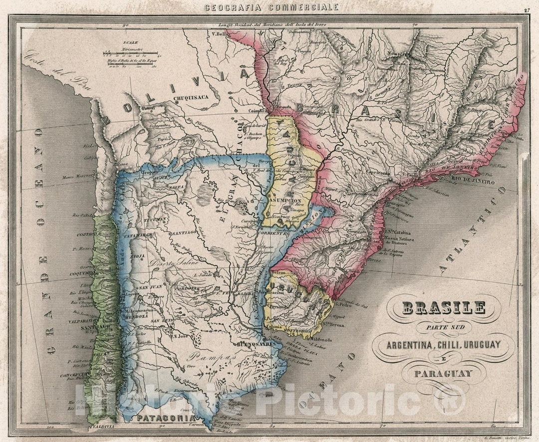 Historic Map : 27. Brasile Parte Sud, Argentina, Chili, Uruguay e Paraguay., 1858, Vintage Wall Art