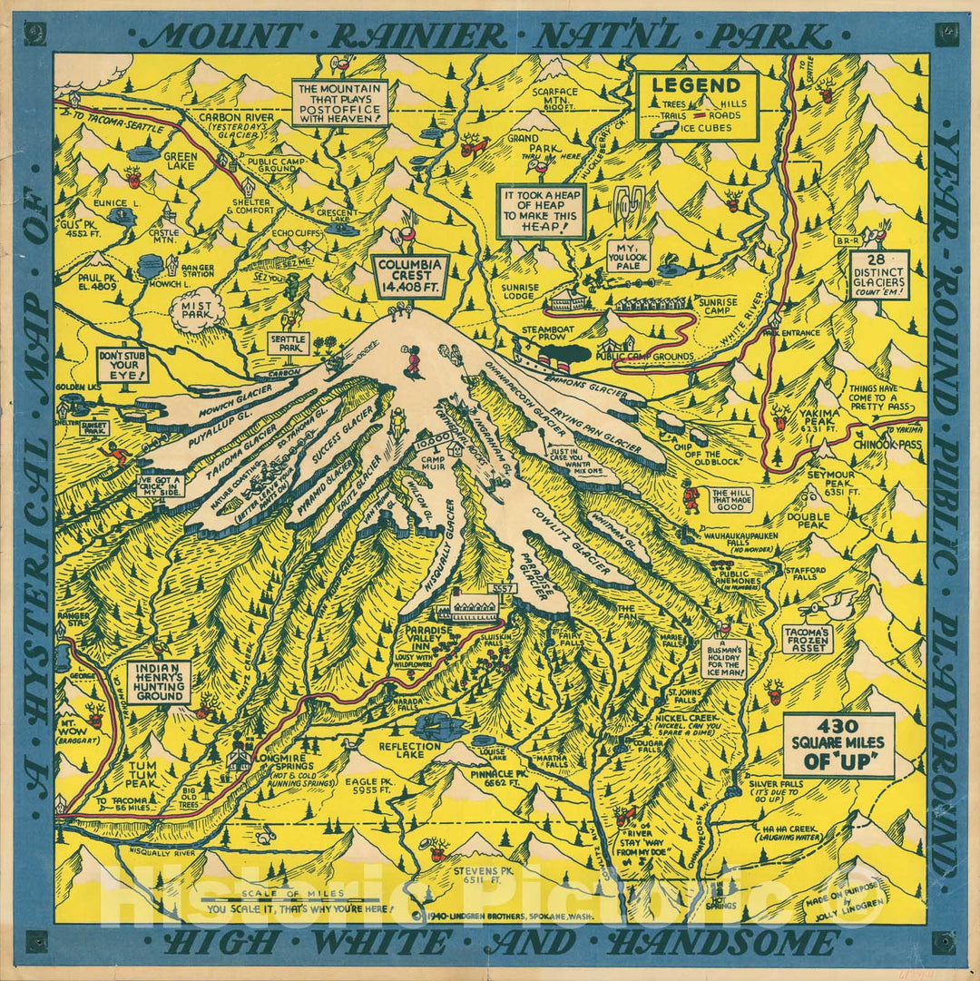 Historic Map : A Hysterical Map of Mount Rainier National Park. Year Around Public Playground. High White and Handsome., 1940, Vintage Wall Art