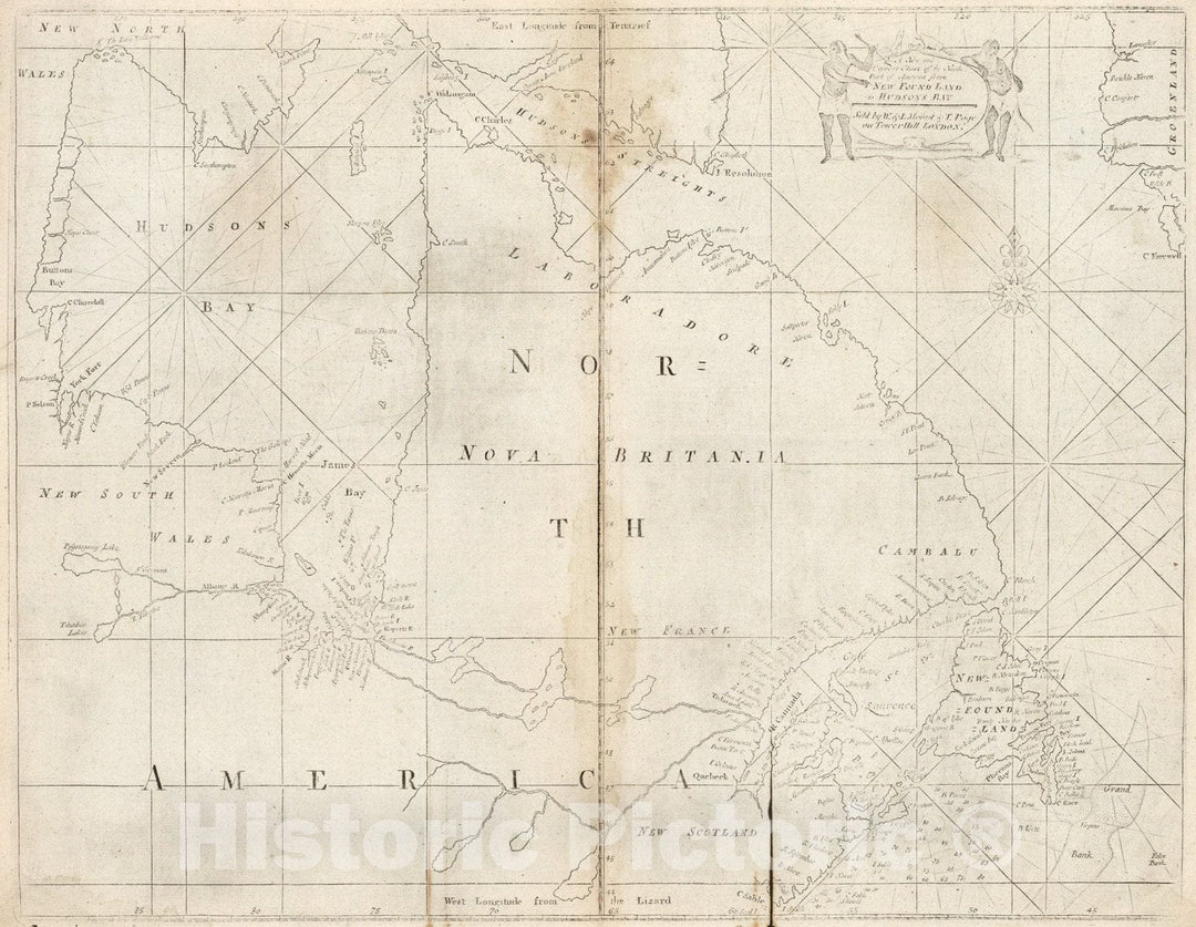 Historic Map : A New and Correct Chart of the North Part of America from New Found Land to Hudson's Bay, c1750, Mount & Page, Vintage Wall Art