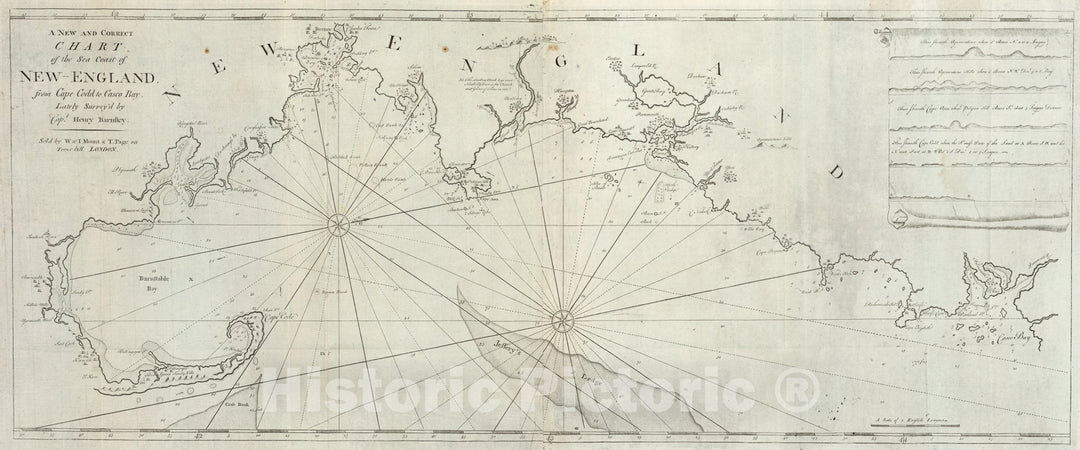 Historic Map : New and Correct Chart of the Sea Coast of New-England from Cape Codd to Casco Bay., 1794, Vintage Wall Art