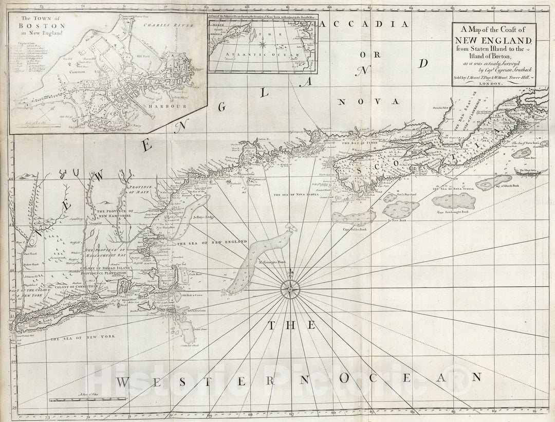 Historic Map : Map of the Coast of New England, from Staten Island to the Island of Breton., 1794, Vintage Wall Art