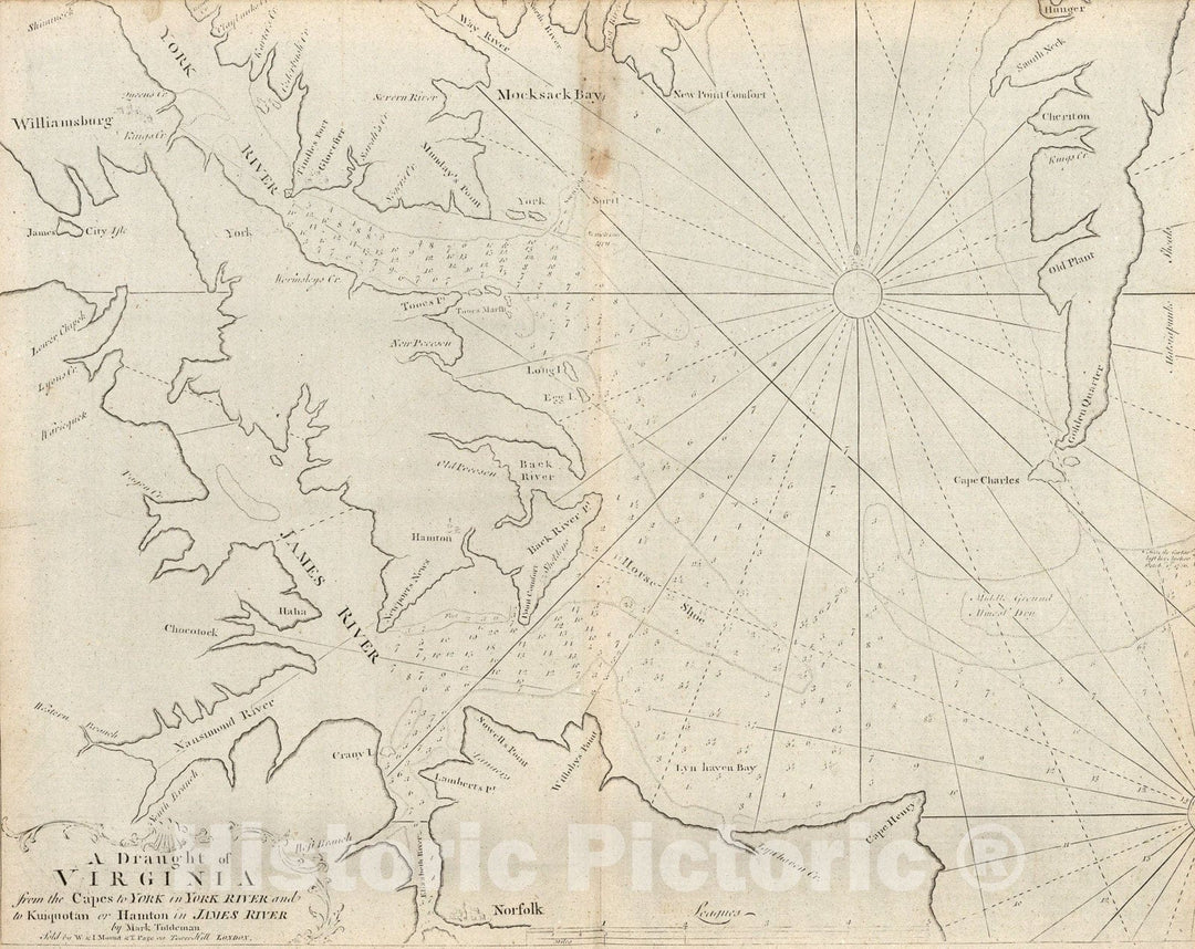 Historic Map - A Draught of Virginia from the Capes to York in York River and to Kuiquotan or Hamton in James River, 1767, George Grierson - Vintage Wall Art