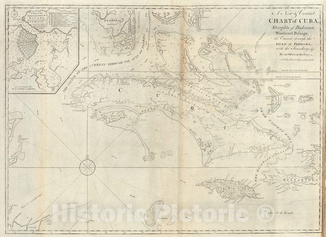 Historic Map : New & Correct Chart of Cuba, Streights of Bahama, Windward Passage, the Current through the Gulf of Florida., 1794, Vintage Wall Art