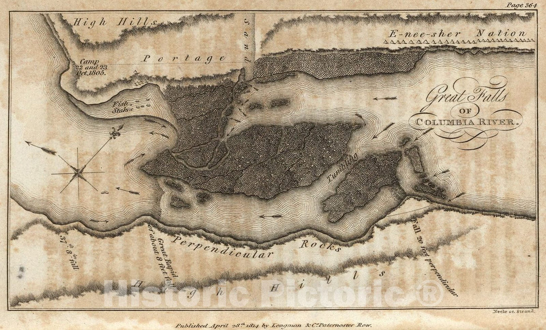 Historic Map : Great Falls of Columbia River., 1815, Vintage Wall Art