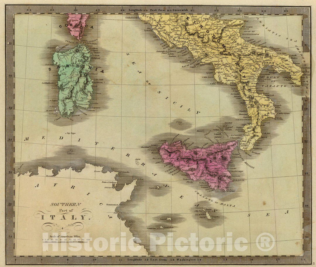 Historic Map : Southern Part Of Italy., 1840, Vintage Wall Art