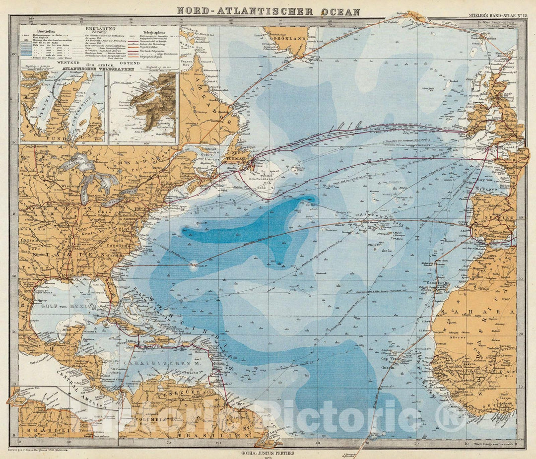 Historic Map : Nord-Atlantischer Ocean., 1875, Vintage Wall Art