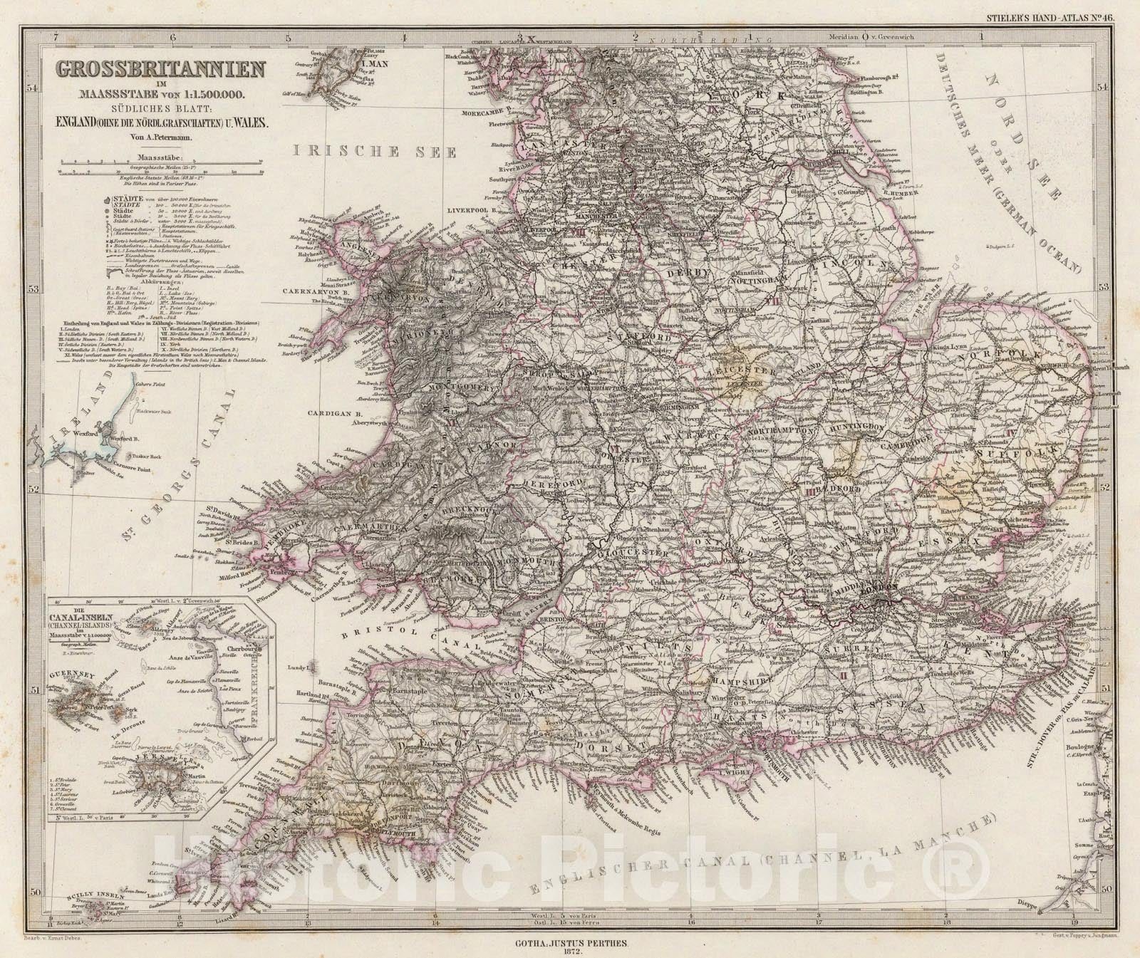 Historic Map : Grossbritannien. Sudliches Blatt: England U. Wales., 1875, Vintage Wall Art