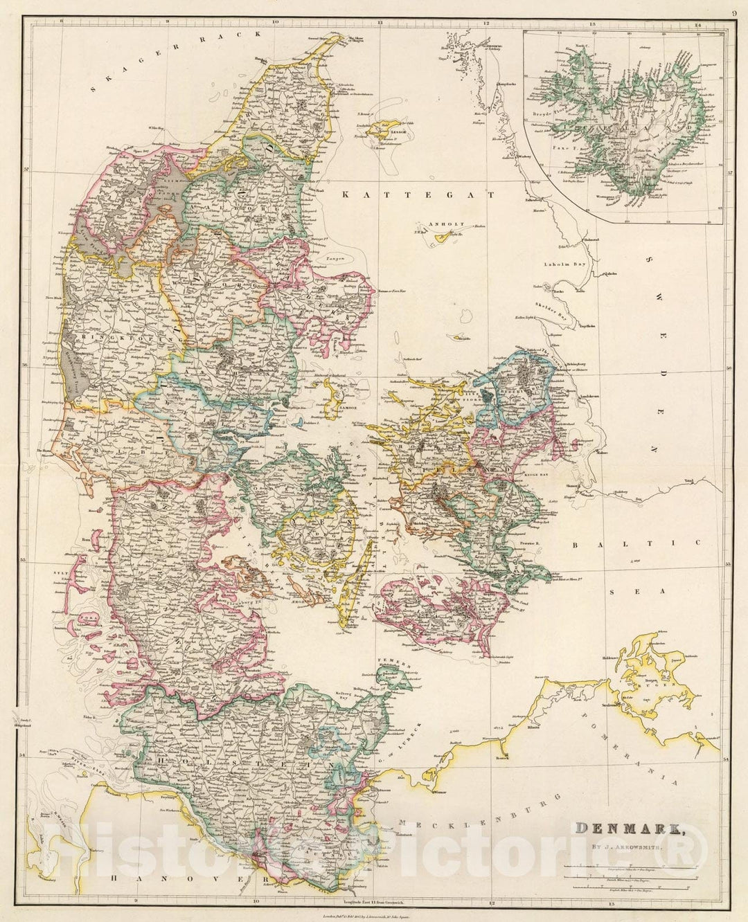 Historic Map : Denmark (with) inset map of Iceland., 1844, Vintage Wall Art