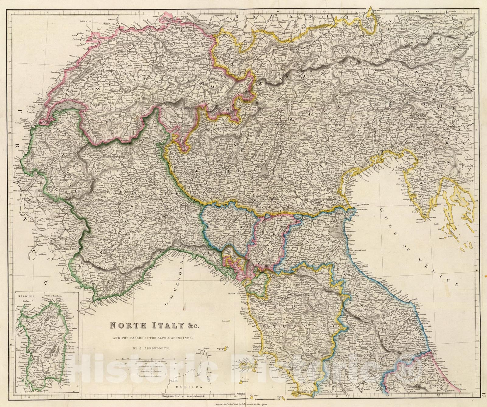 Historic Map : North Italy &c. (with) Sardinia., 1844, Vintage Wall Art