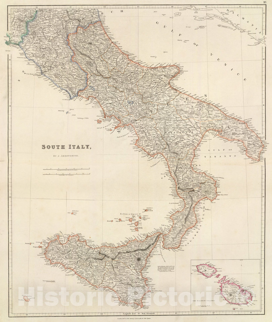 Historic Map : South Italy (with) The Maltese Islands., 1844, Vintage Wall Art