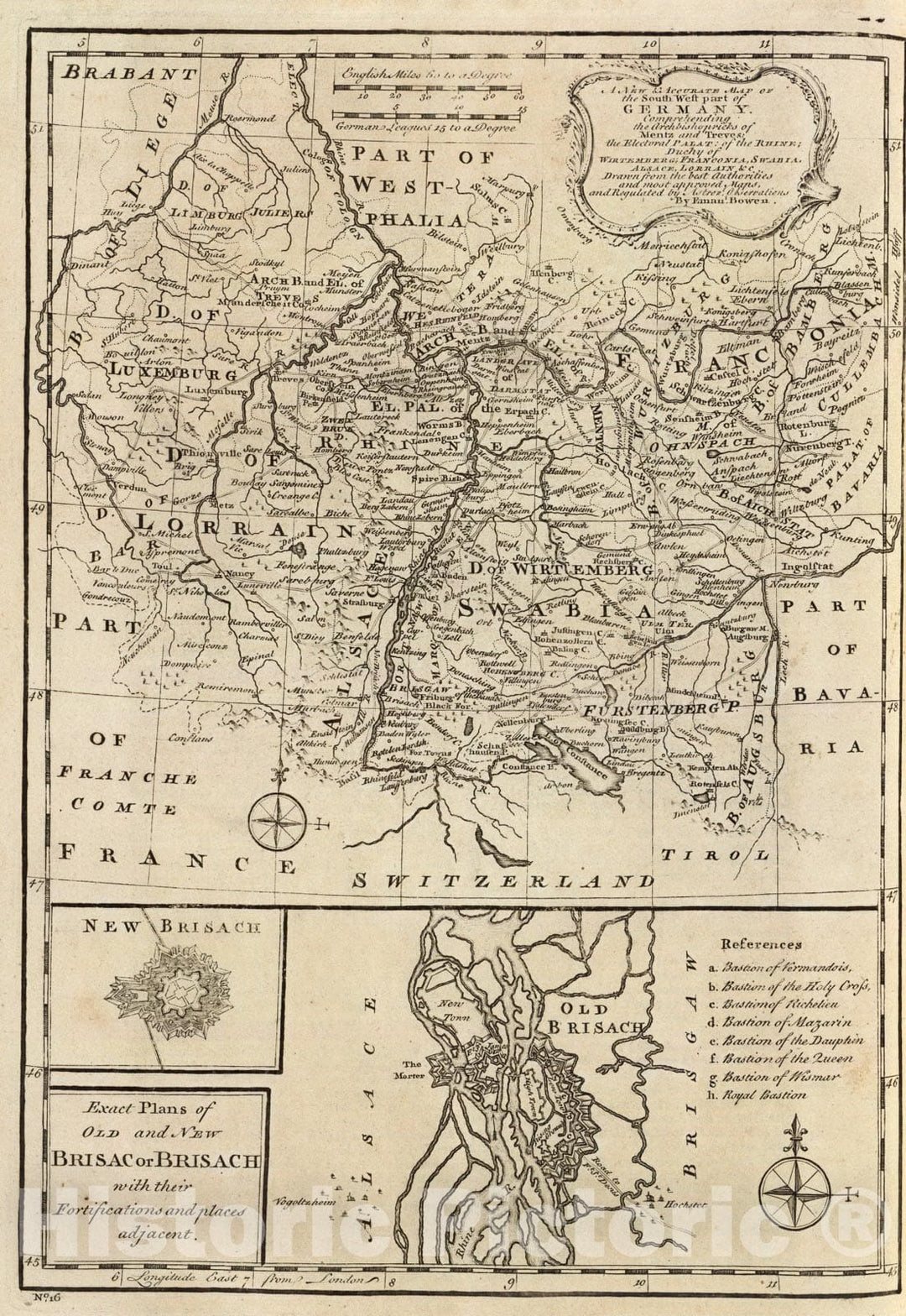 Historic Map : SW pt. of Germany., 1747, Vintage Wall Art