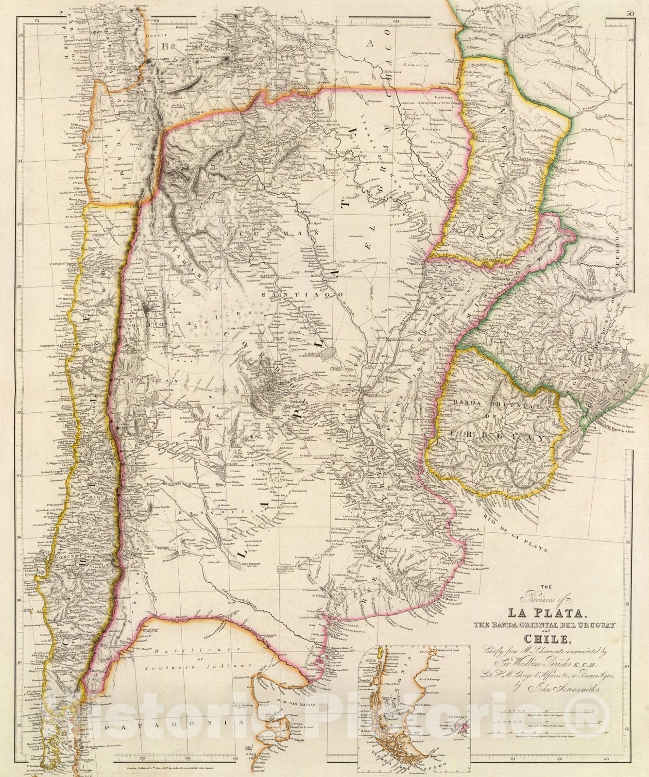 Historic Map : The Provinces of La Plata, The Banda Oriental Del Uruguay and Chile, 1839, John Arrowsmith, v2, Vintage Wall Art