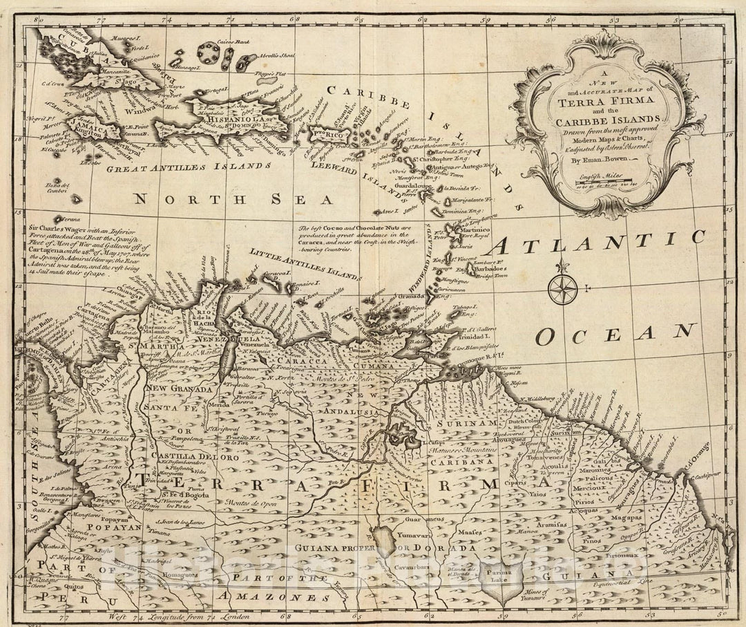 Historic Map : Terra Firma, Caribbean., 1747, Vintage Wall Art