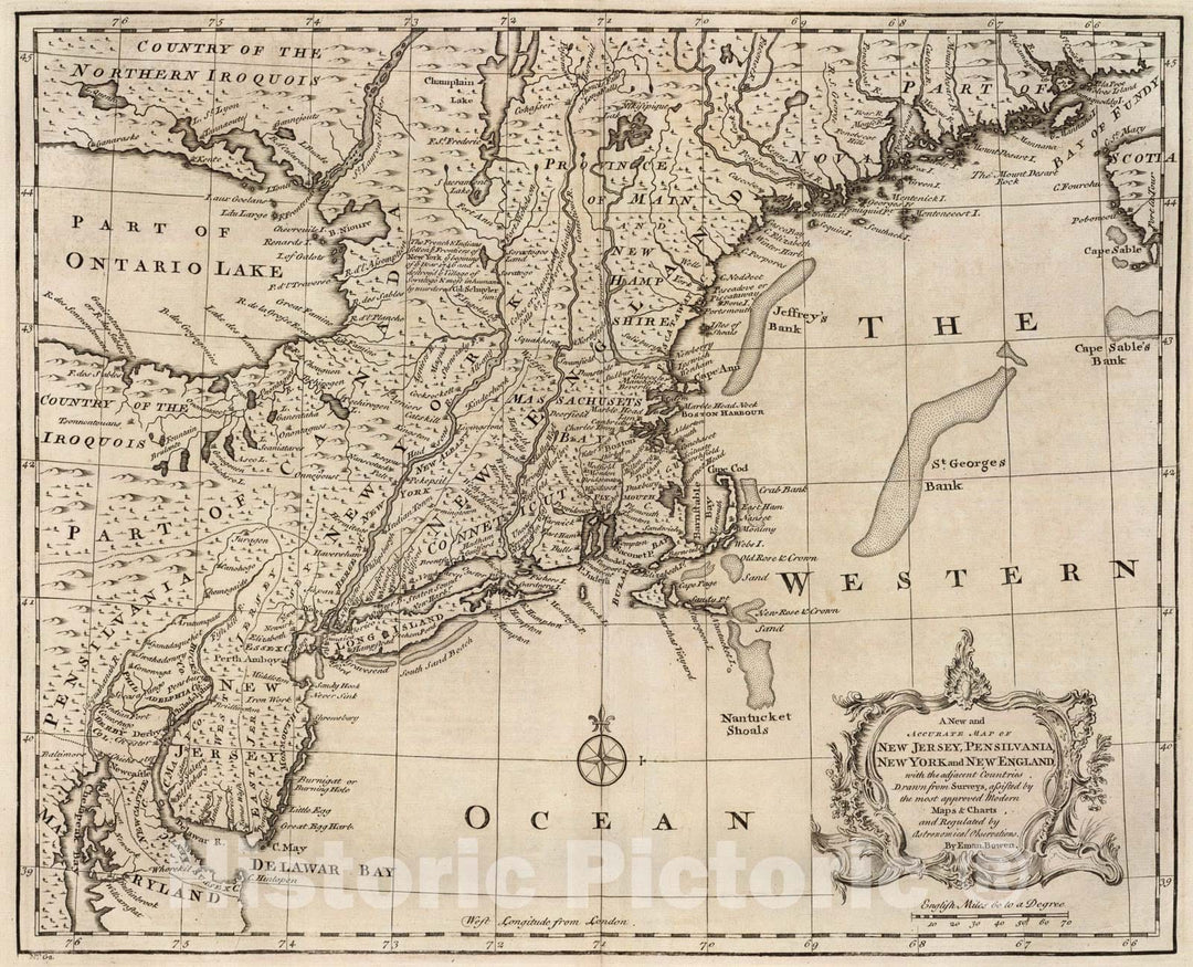 Historic Map : N.J., Pa., N.Y. & New England., 1747, Vintage Wall Art