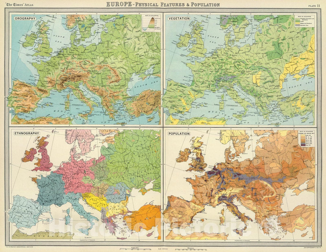 Historic Map : Europe - physical features & population., 1922, Vintage Wall Art