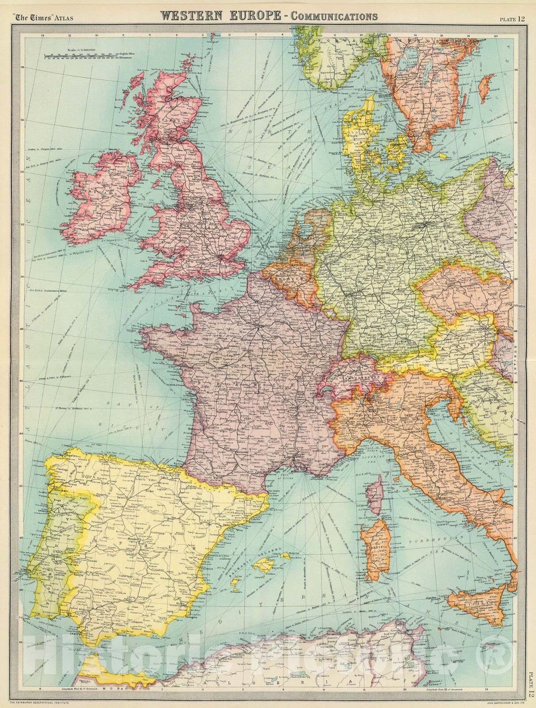 Historic Map : Western Europe - communications., 1922, Vintage Wall Art