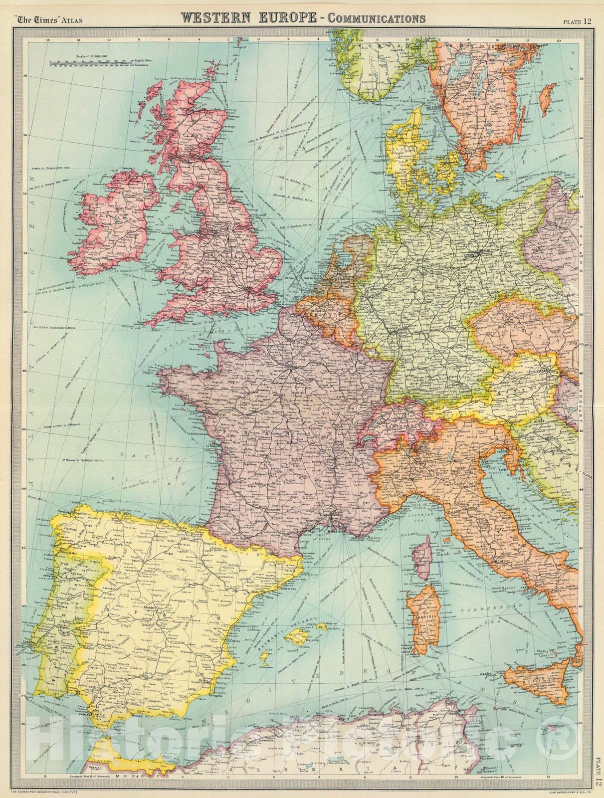 Historic Map : Western Europe - communications., 1922, Vintage Wall Art