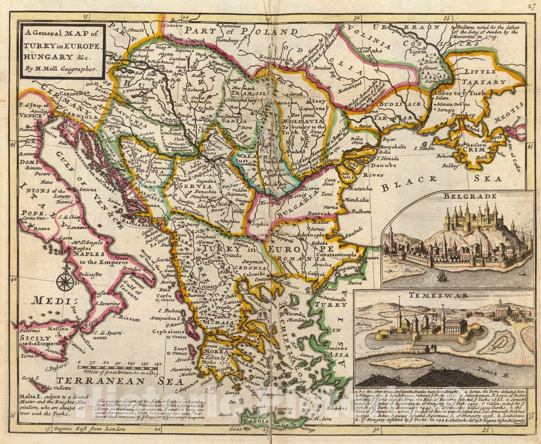 Historic Map : A general map of Turkey in Europe, Hungary &c., 1736, Vintage Wall Art