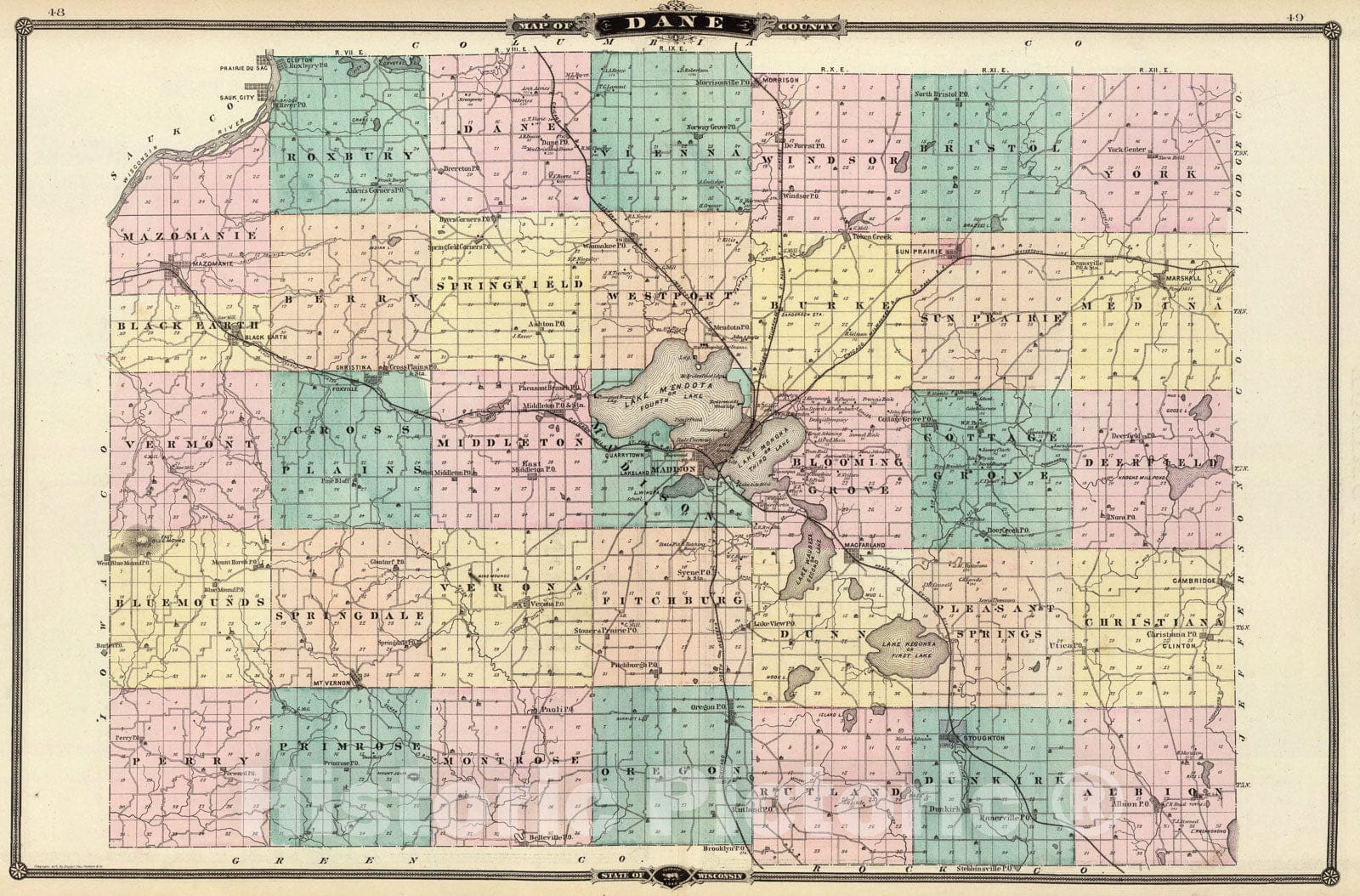 Historic Map : Map of Dane County, State of Wisconsin., 1878, Vintage Wall Art