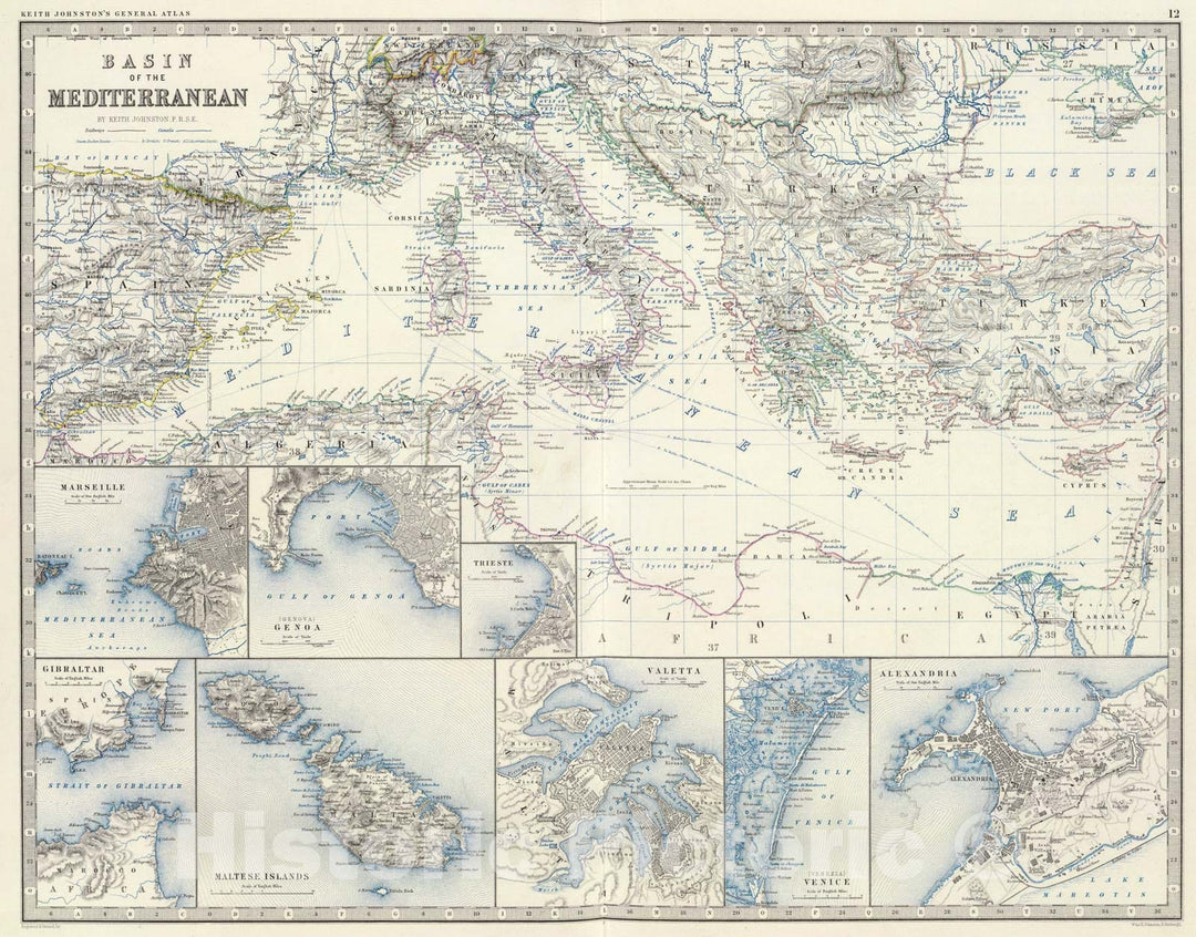 Historic Map : Mediterranean Basin., 1861, Vintage Wall Art