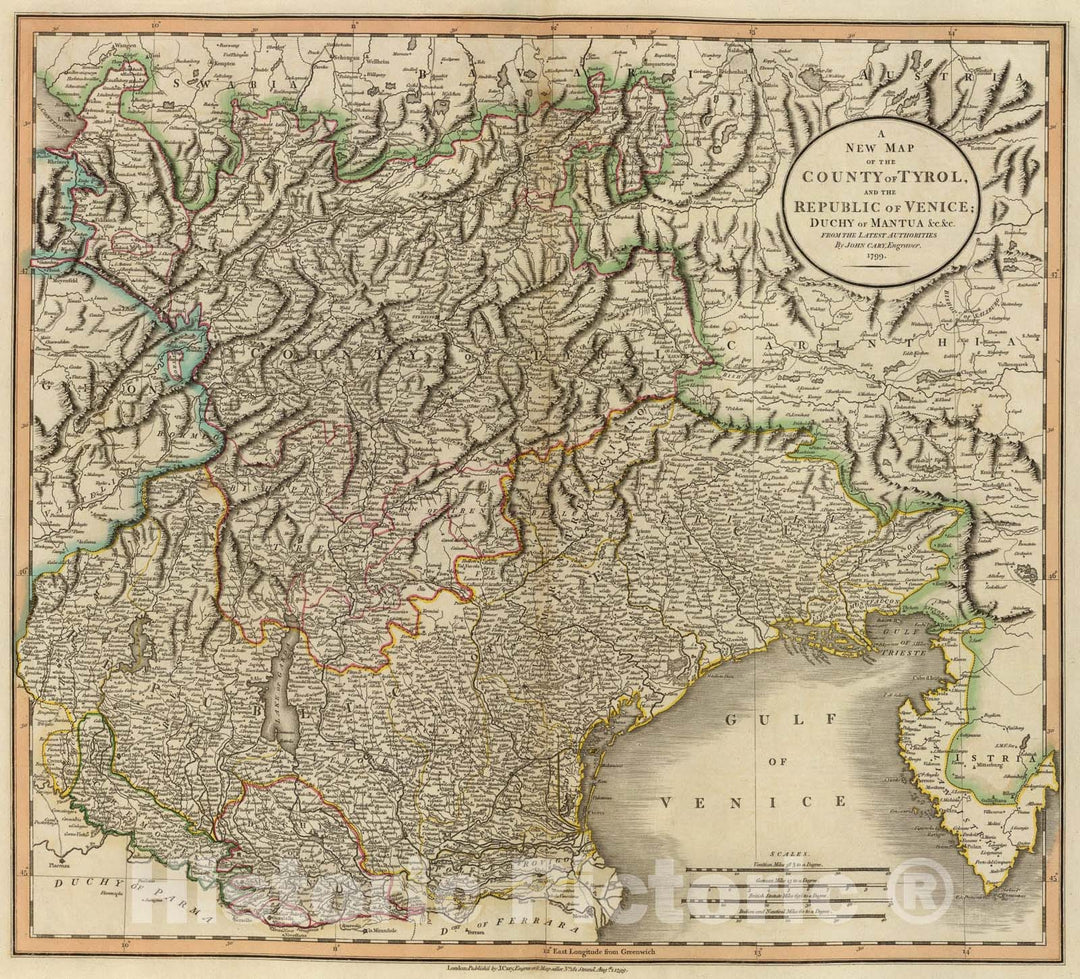 Historic Map : Tyrol, Venice, Mantua., 1799, Vintage Wall Art