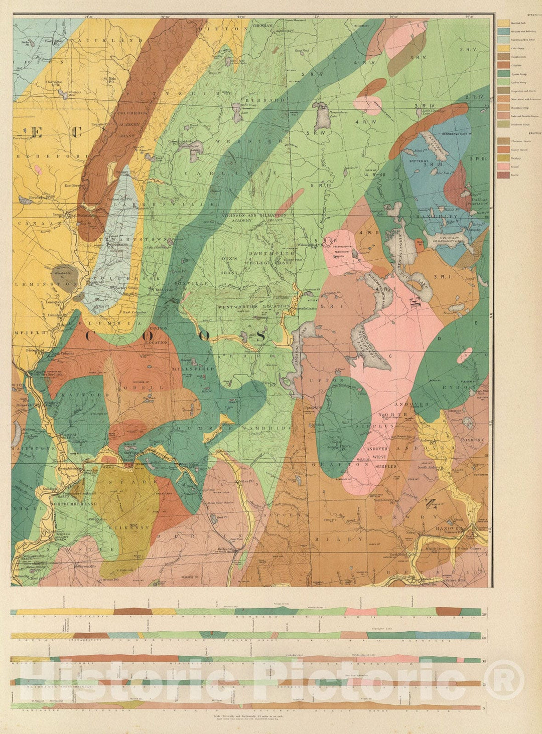 Historic Map : (General geological map of New Hampshire. Sheet 2), 1878, Vintage Wall Art