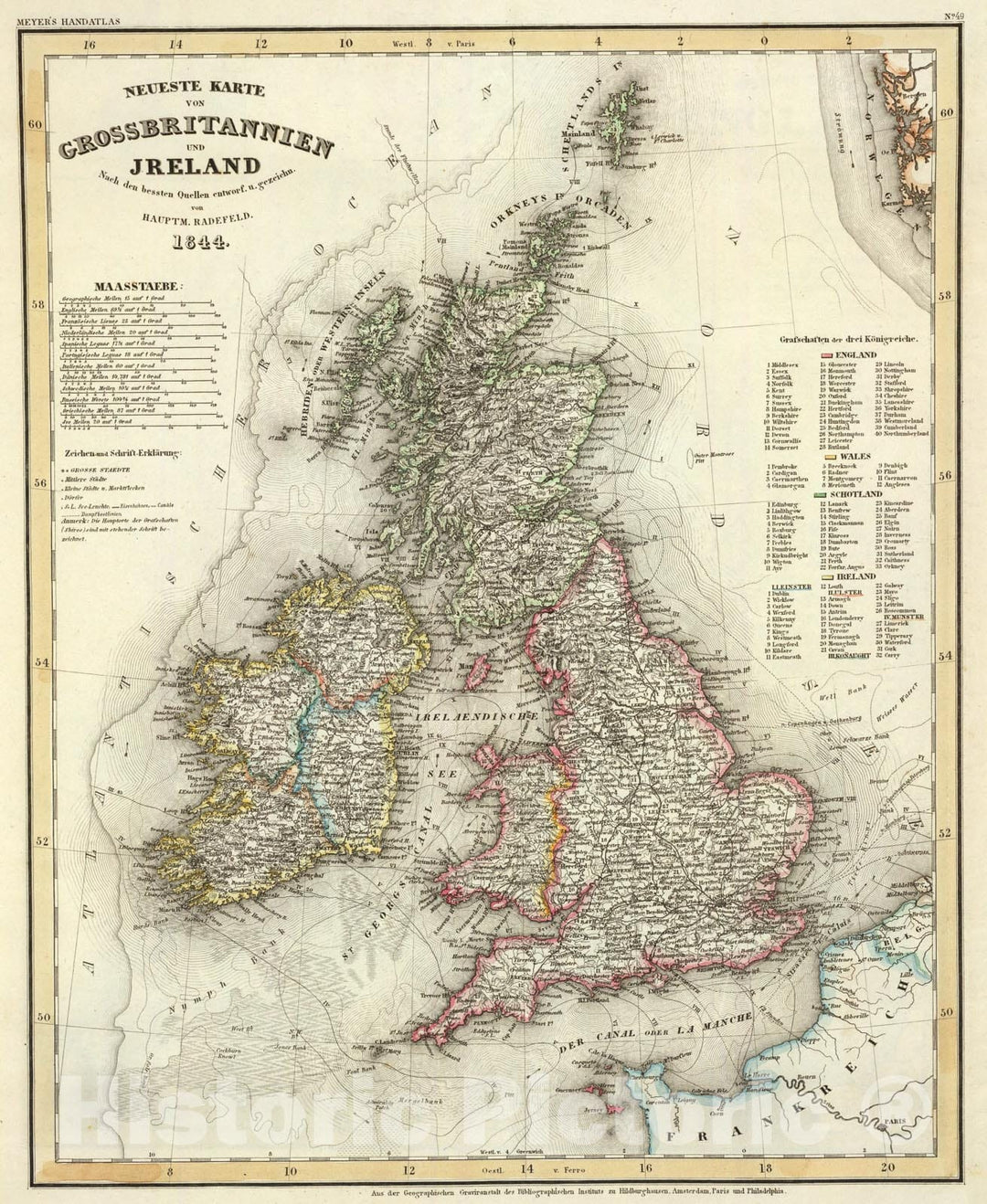 Historic Map : Grossbritannien, Ireland., 1844, Vintage Wall Art