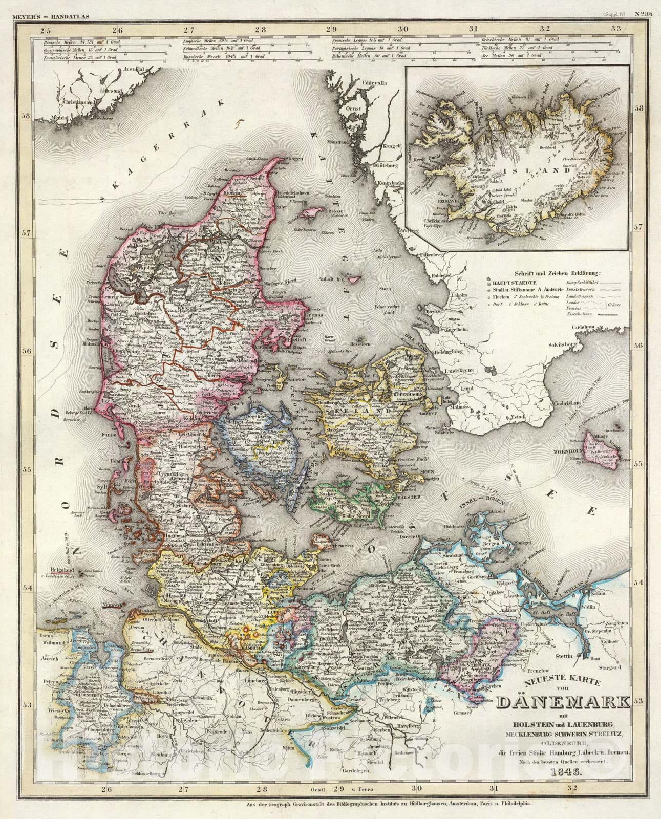 Historic Map : Denmark, Holstein, Mecklenburg, Island., 1846, Vintage Wall Art