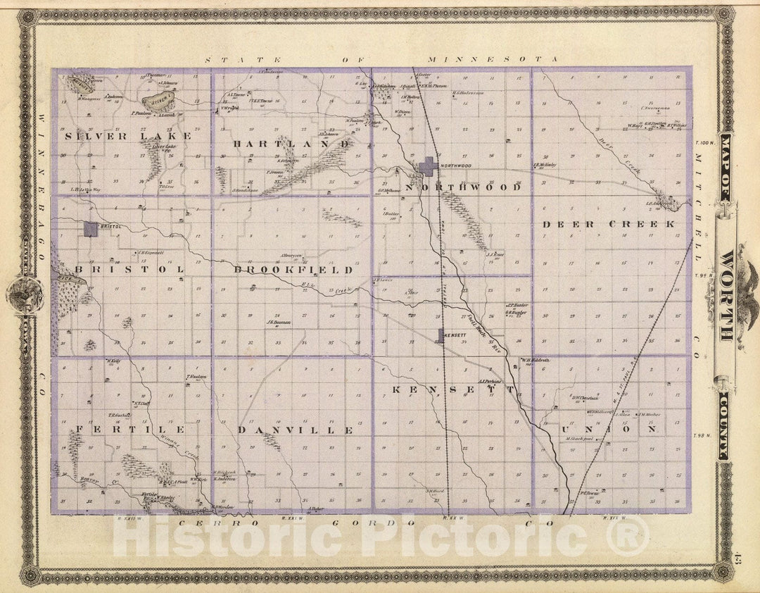 Historic Map : Map of Worth County, State of Iowa., 1875, Vintage Wall Art