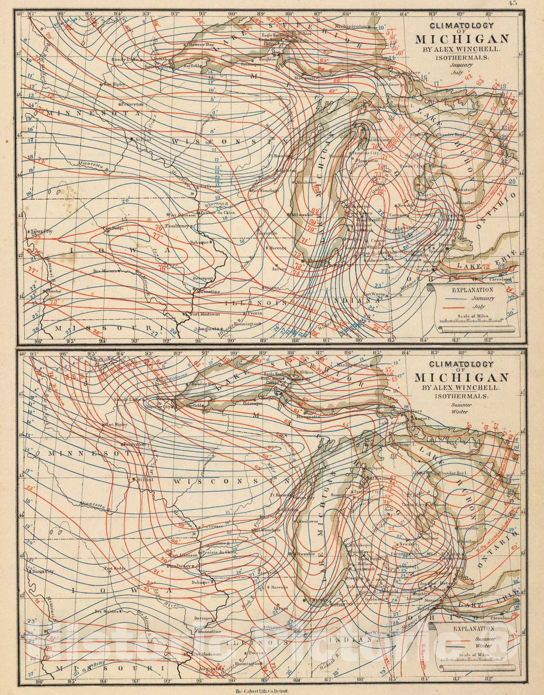 Historic Map : Climatology of Michigan ... isothermals January, July, summer, winter., 1873, Vintage Wall Art