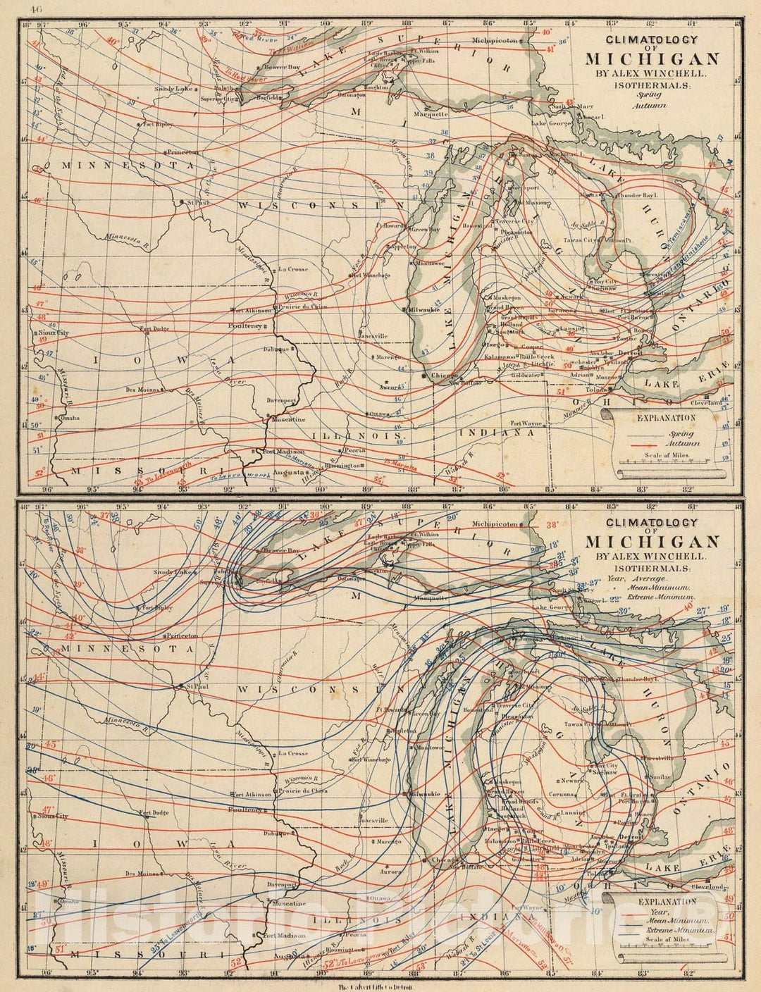 Historic Map : Climatology of Michigan ... isothermals spring, autumn, year average., 1873, Vintage Wall Art