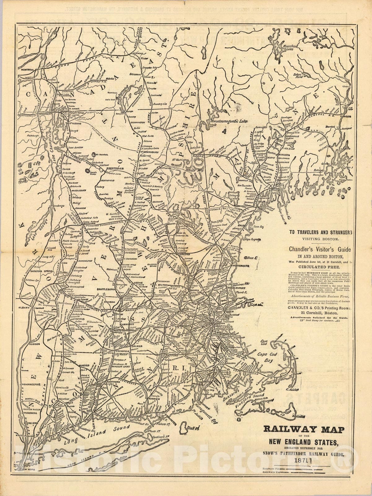 Historic Map : Railway map New England States., 1871, Vintage Wall Art