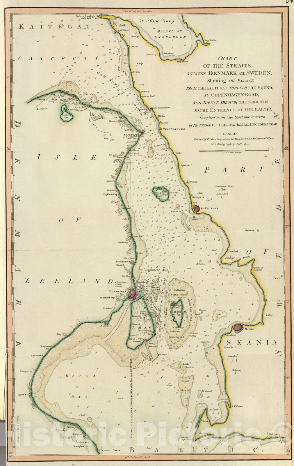 Historic Map : Strait Denmark-Sweden., 1801, Vintage Wall Art