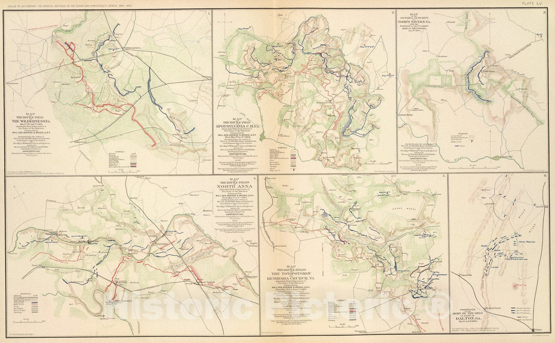 Historic Map : Wilderness, Va.; Spotsylvania C.H.; Todd's Tavern; North Anna; Totopotomoy, Bethesda Ch., Dalton, Ga., 1895, Vintage Wall Art