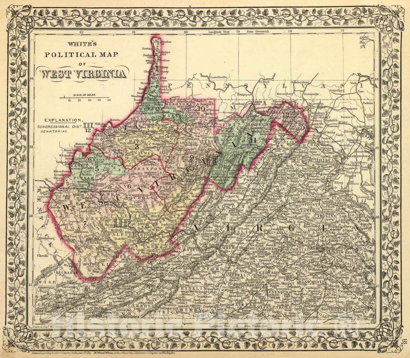 Historic Map : Political W. Va., 1873, Vintage Wall Art