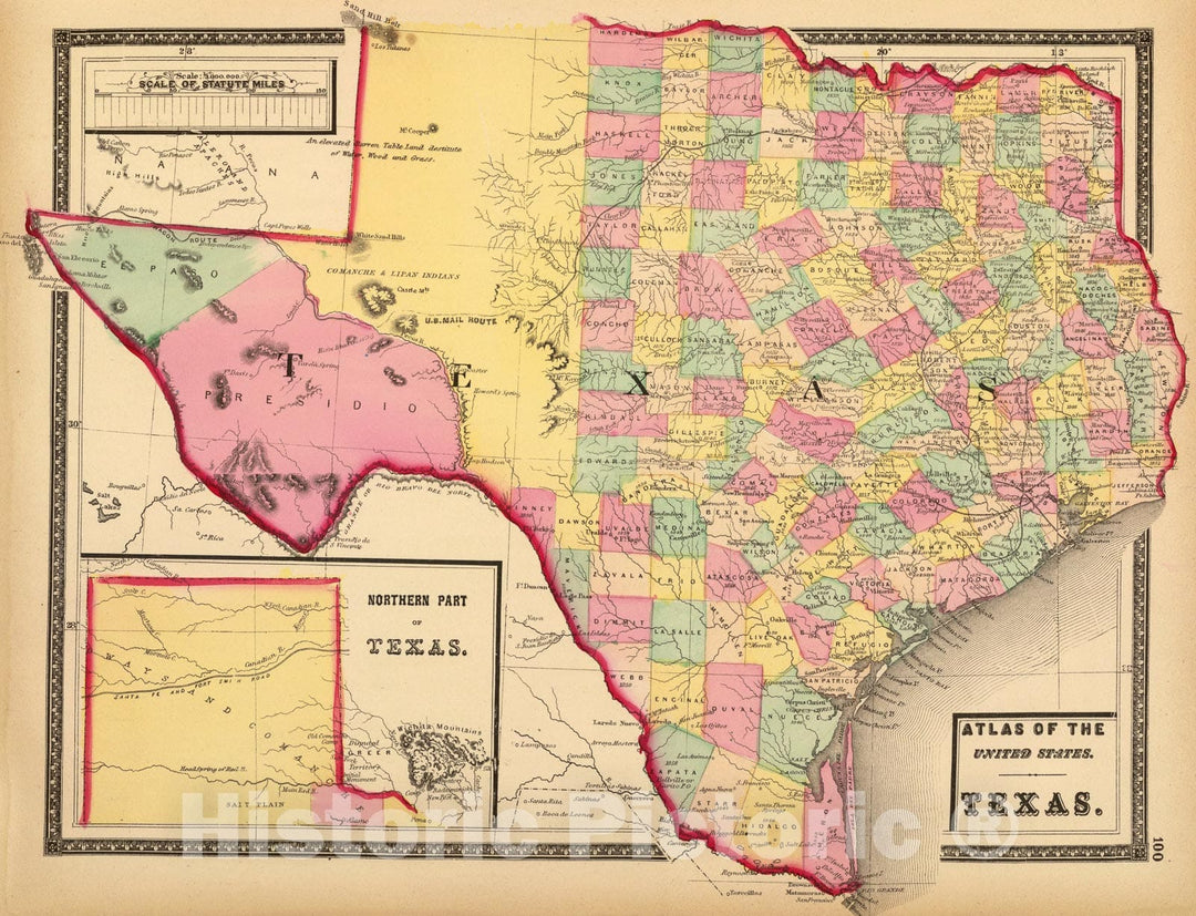 Historic Map : Texas., 1873, Vintage Wall Art