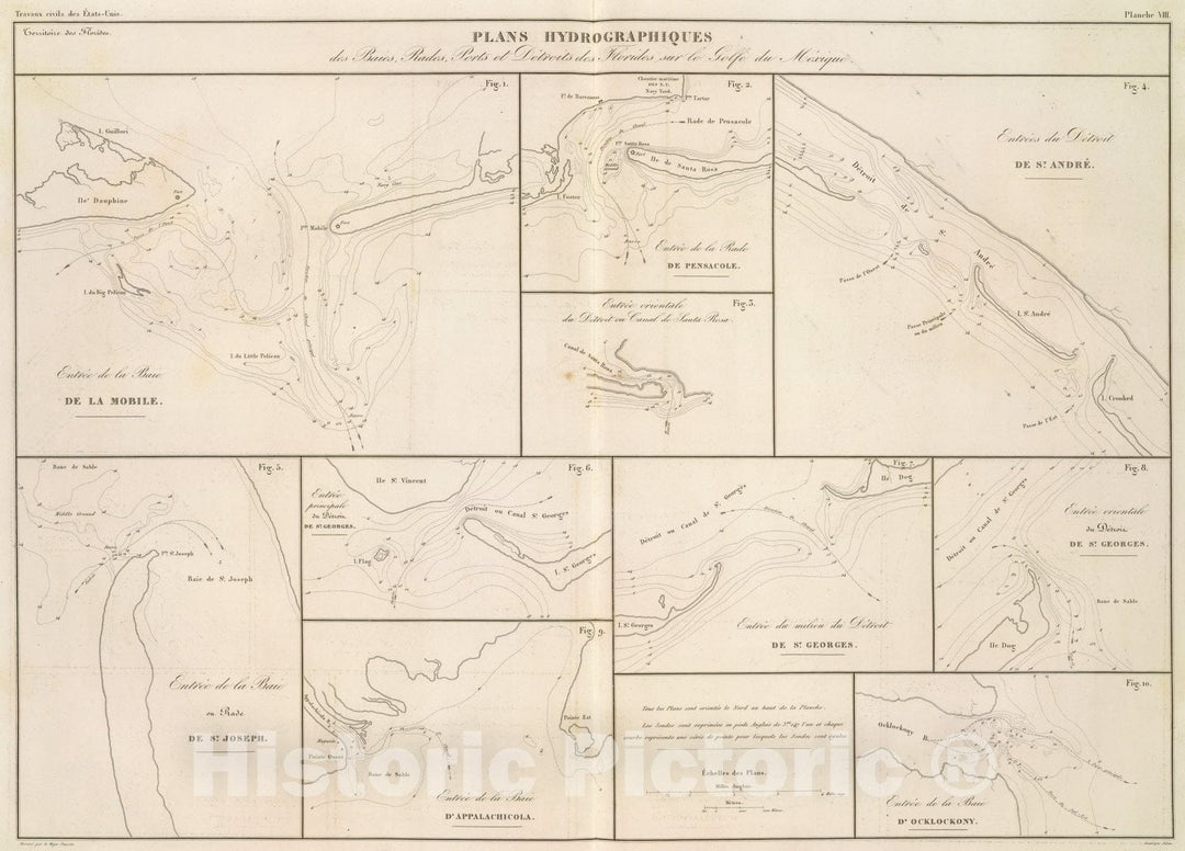 Historic Map : Baies, Florides, Golfe du Mexique., 1834, Vintage Wall Art