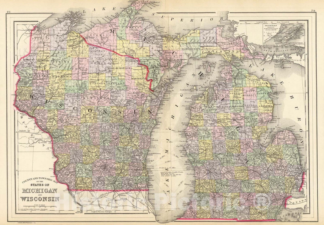 Historic Map : Michigan, Wisconsin., 1890, Vintage Wall Art