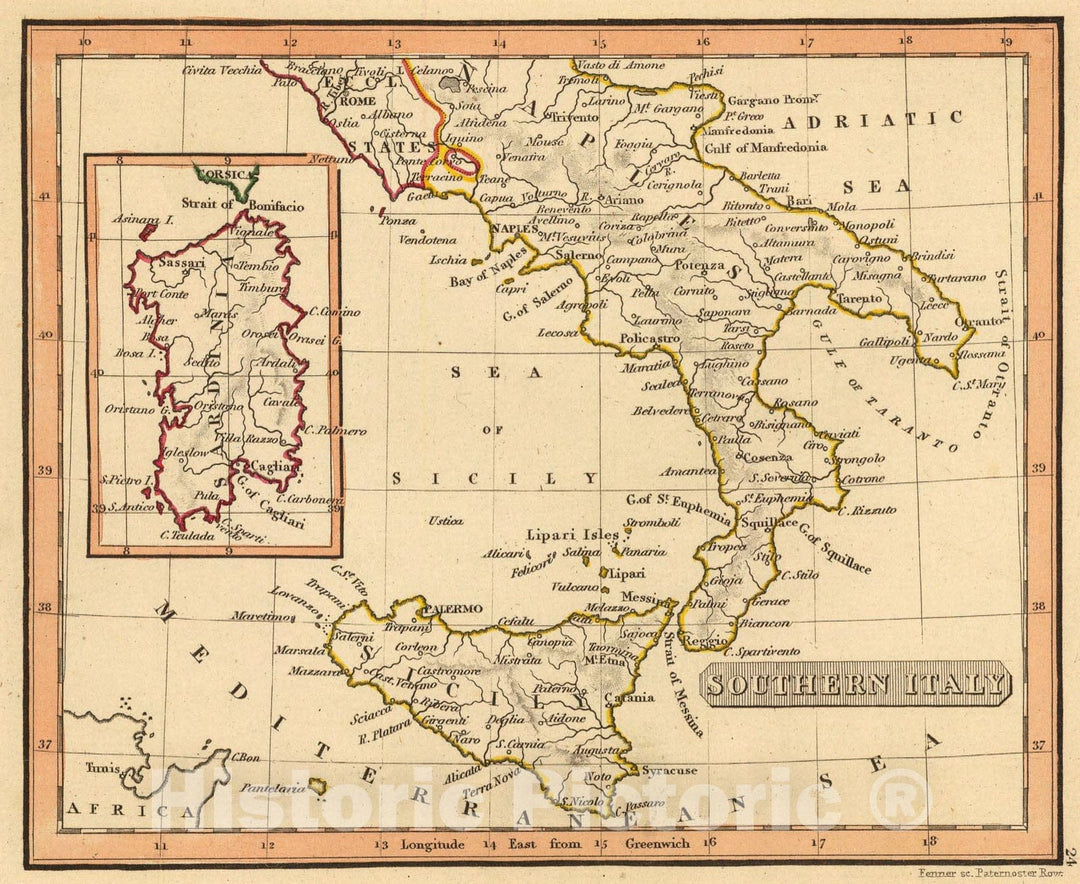 Historic Map : Southern Italy., 1835, Vintage Wall Art