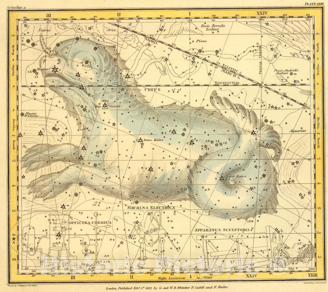 Historic Map : (Cetus, Officina Sculptoris, Machina Electrica, Fornax Chemica), 1822, Vintage Wall Art