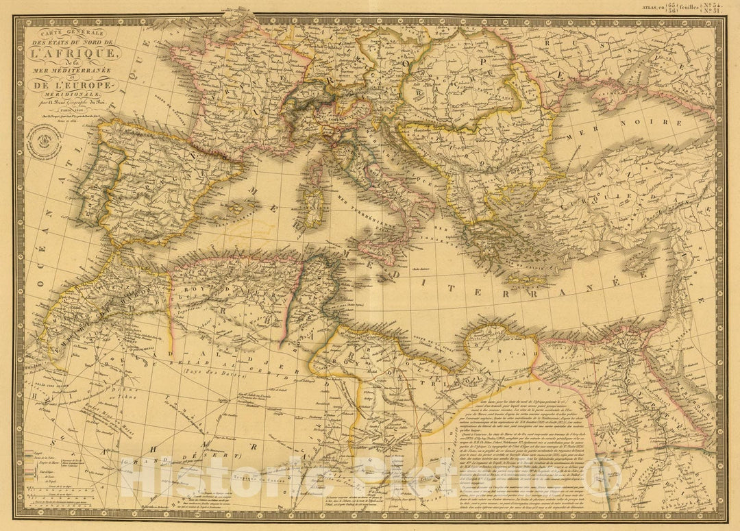 Historic Map : Nord de l'Afrique, Mer Mediterranee, Europe Meridionale., 1834, Vintage Wall Art