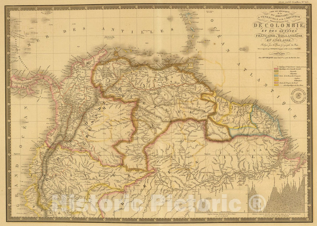 Historic Map : Nle. Grenade, Venezuela, Equateur, Guyanes Francaise, Hollandaise et Anglaise., 1836, Vintage Wall Art