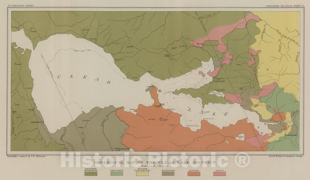 Historic Map : Geological Map of the Clear Lake District., 1887, Vintage Wall Art